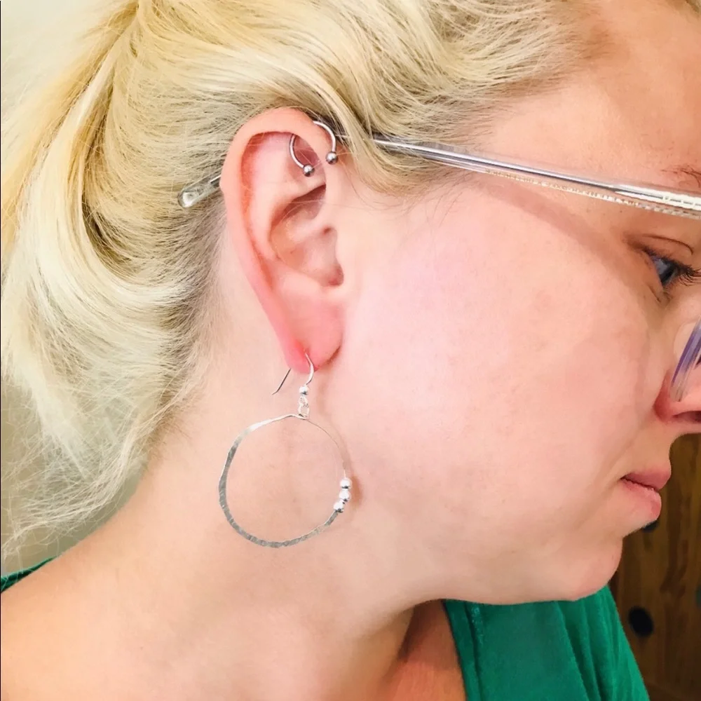 Beaded Hoop Dangle Earrings Sterling Handmade 925 - Picture 3 of 3